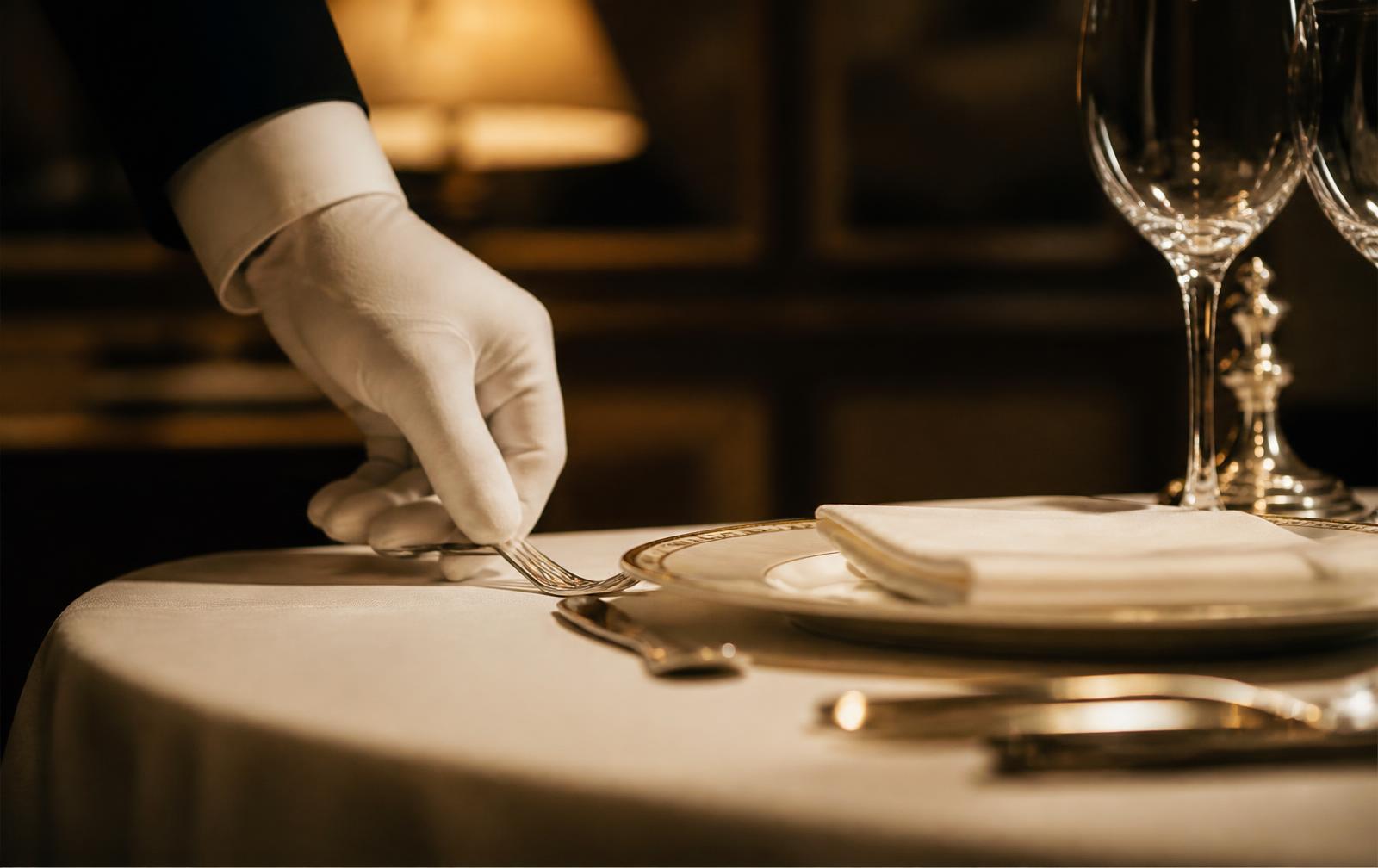 A white-gloved hand adjusting a place setting under warm lamplight